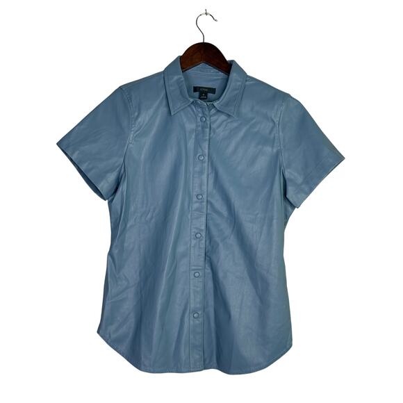 J.Crew Slim Fit ShortSleeve Faux Leather Shirt Snap Button Down 4 Dusty Sea Blue - Picture 12 of 15